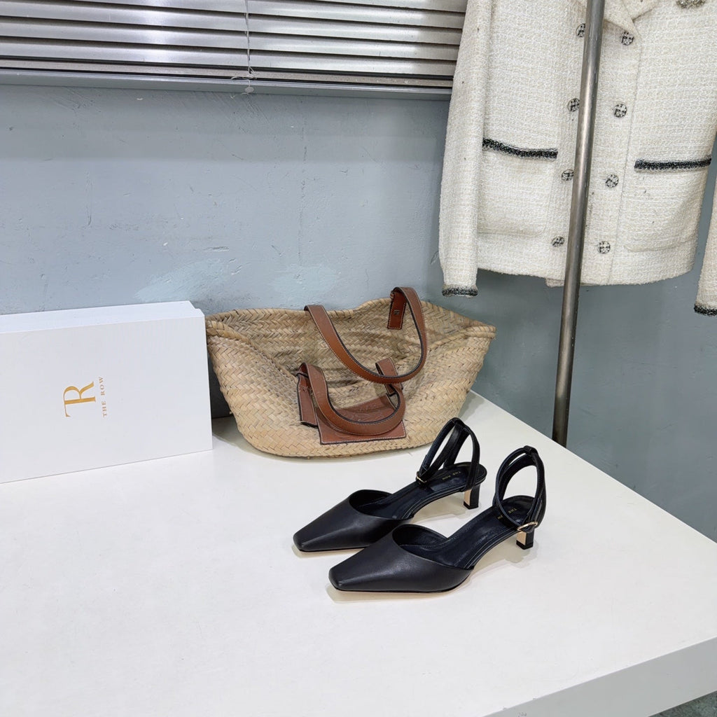 THE ROW 26S SQUARE TOE SLINGBACK HEELS 45MM IN BLACK CALFSKIN