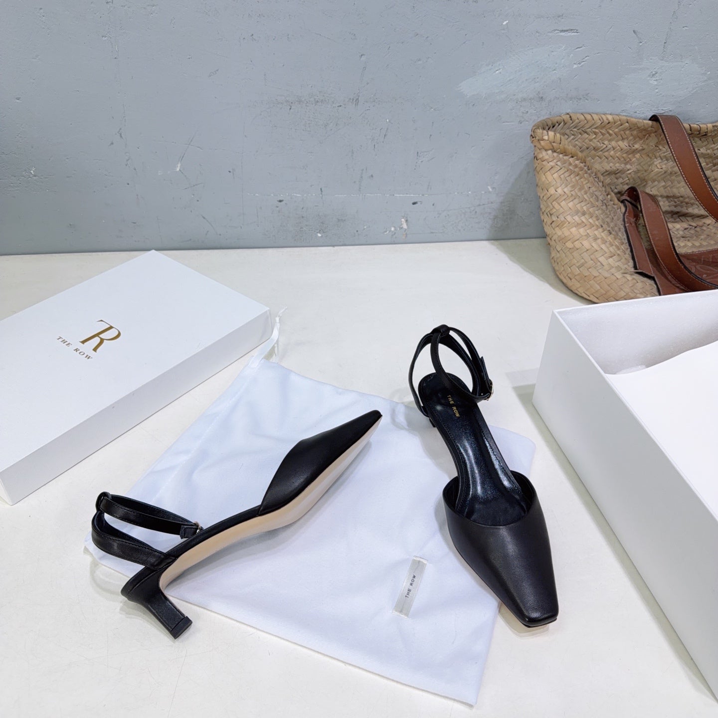 THE ROW 26S SQUARE TOE SLINGBACK HEELS 45MM IN BLACK CALFSKIN