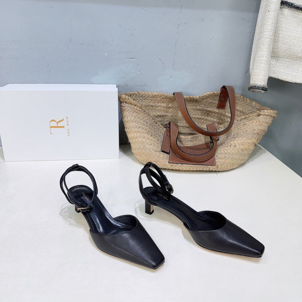 THE ROW 26S SQUARE TOE SLINGBACK HEELS 45MM IN BLACK CALFSKIN