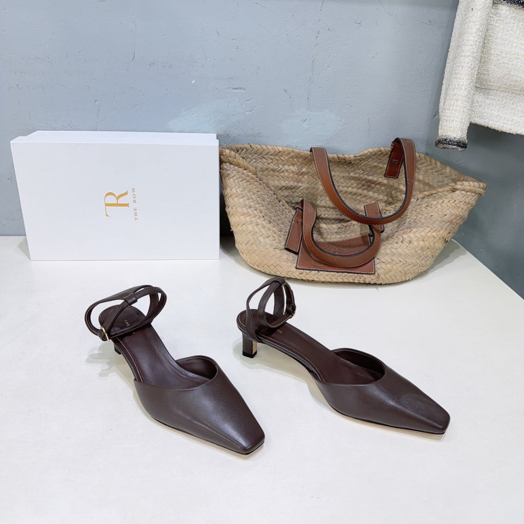 THE ROW 26S SQUARE TOE SLINGBACK HEELS 45MM IN DARK BROWN CALFSKIN