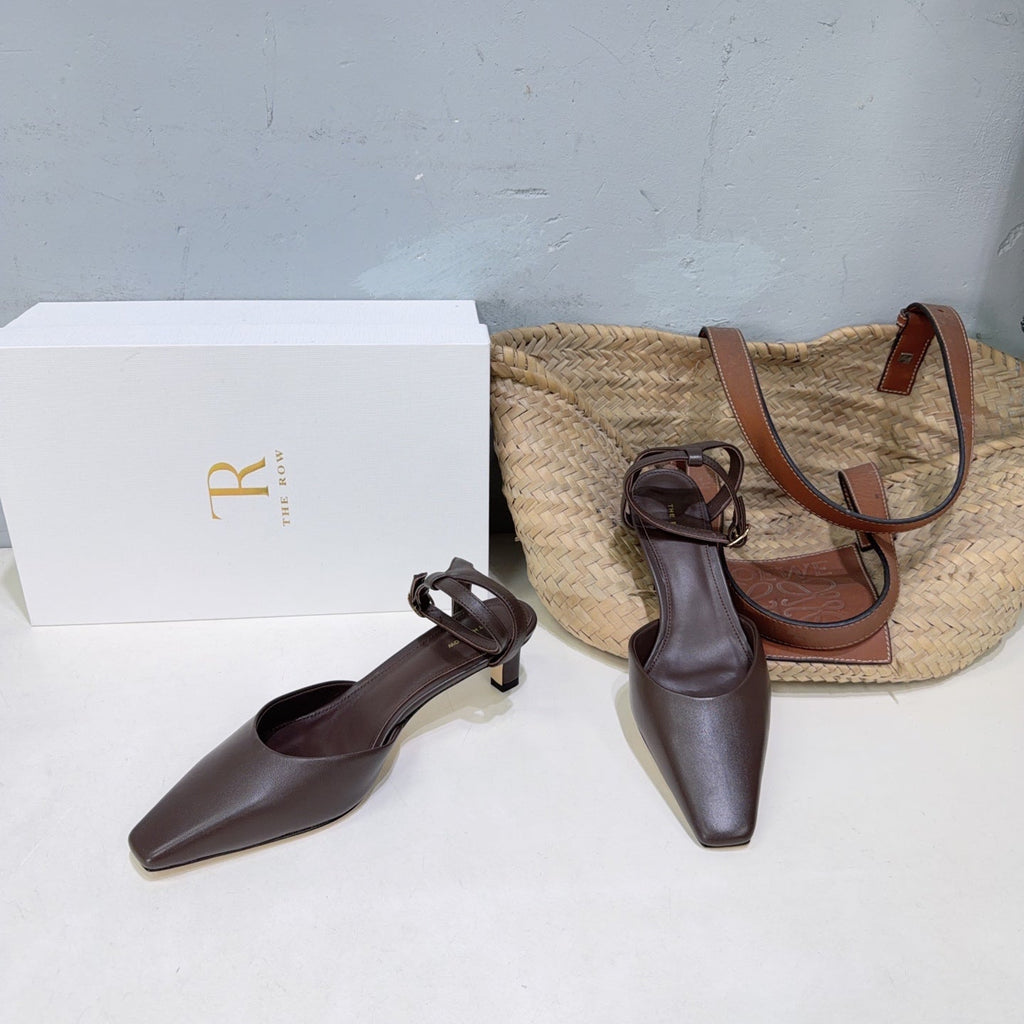THE ROW 26S SQUARE TOE SLINGBACK HEELS 45MM IN DARK BROWN CALFSKIN