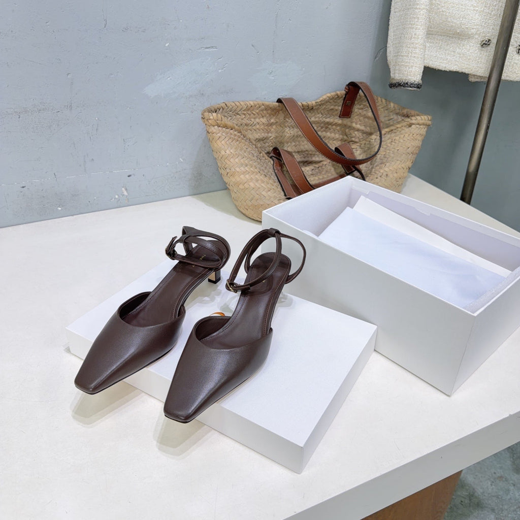 THE ROW 26S SQUARE TOE SLINGBACK HEELS 45MM IN DARK BROWN CALFSKIN