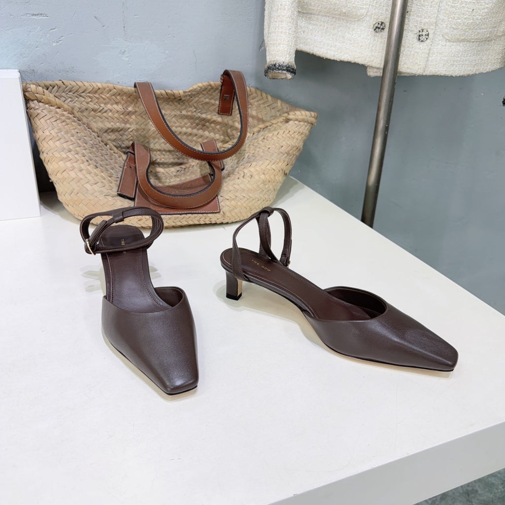 THE ROW 26S SQUARE TOE SLINGBACK HEELS 45MM IN DARK BROWN CALFSKIN