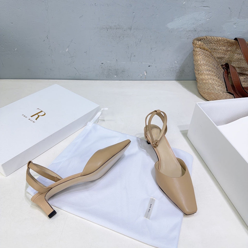 THE ROW 26S SQUARE TOE SLINGBACK HEELS 45MM IN BEIGE CALFSKIN