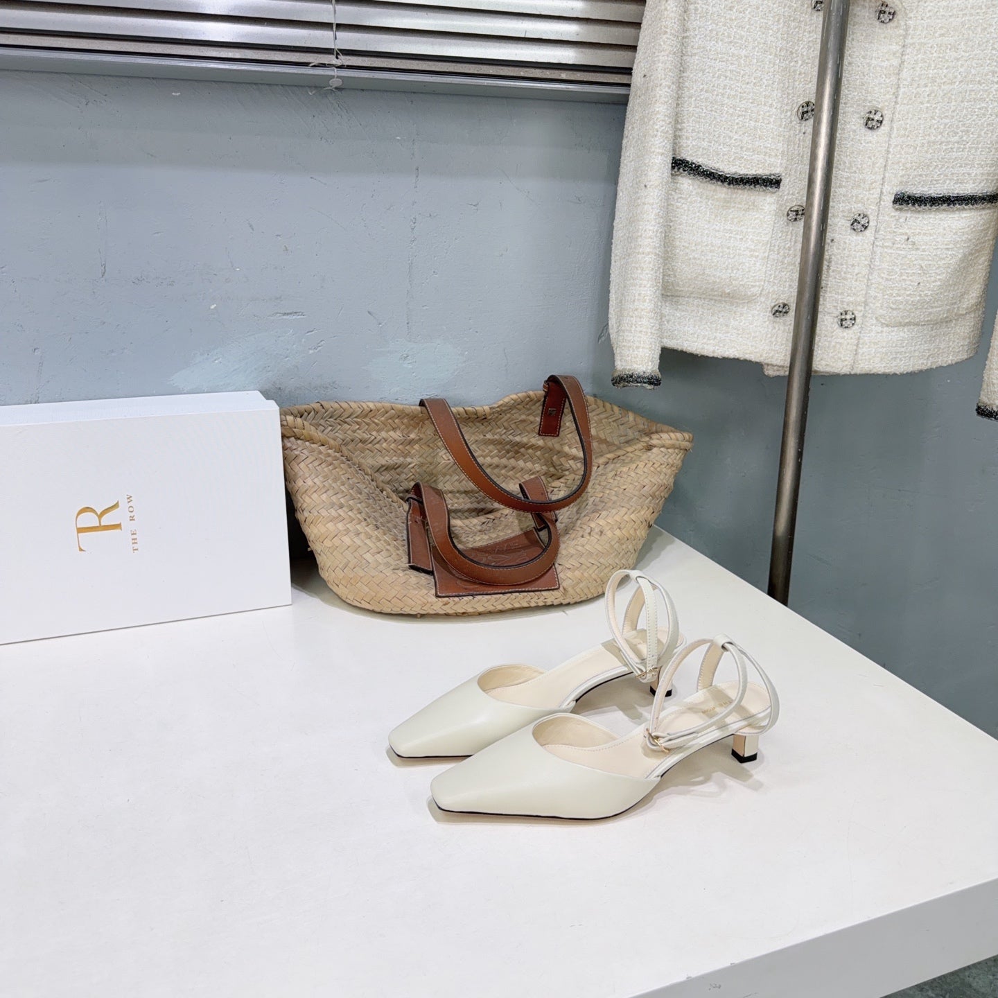 THE ROW 26S SQUARE TOE SLINGBACK HEELS 45MM IN IVORY WHITE CALFSKIN