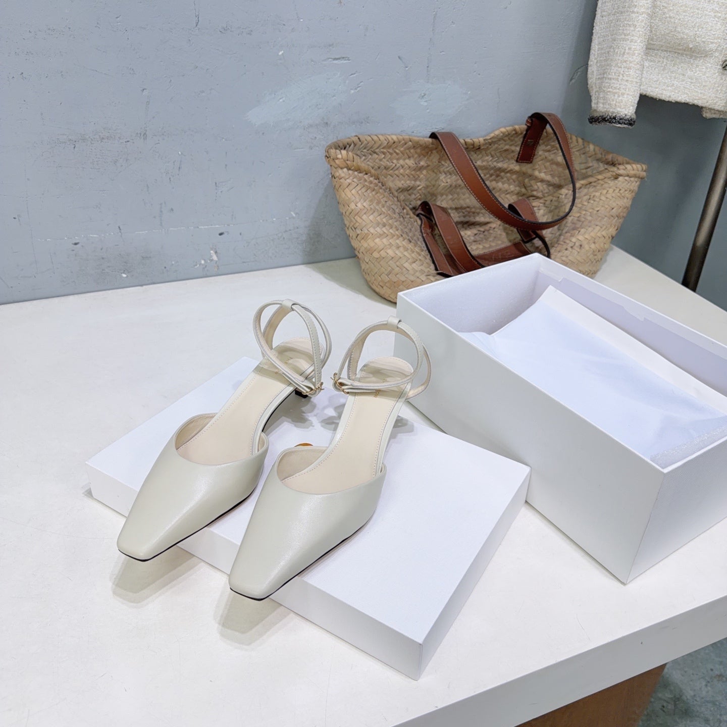 THE ROW 26S SQUARE TOE SLINGBACK HEELS 45MM IN IVORY WHITE CALFSKIN