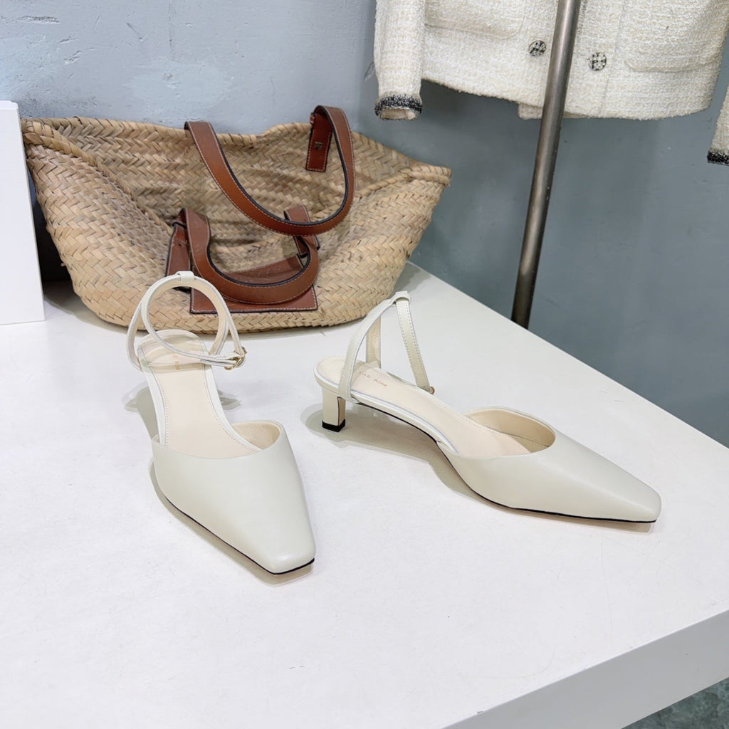 THE ROW 26S SQUARE TOE SLINGBACK HEELS 45MM IN IVORY WHITE CALFSKIN