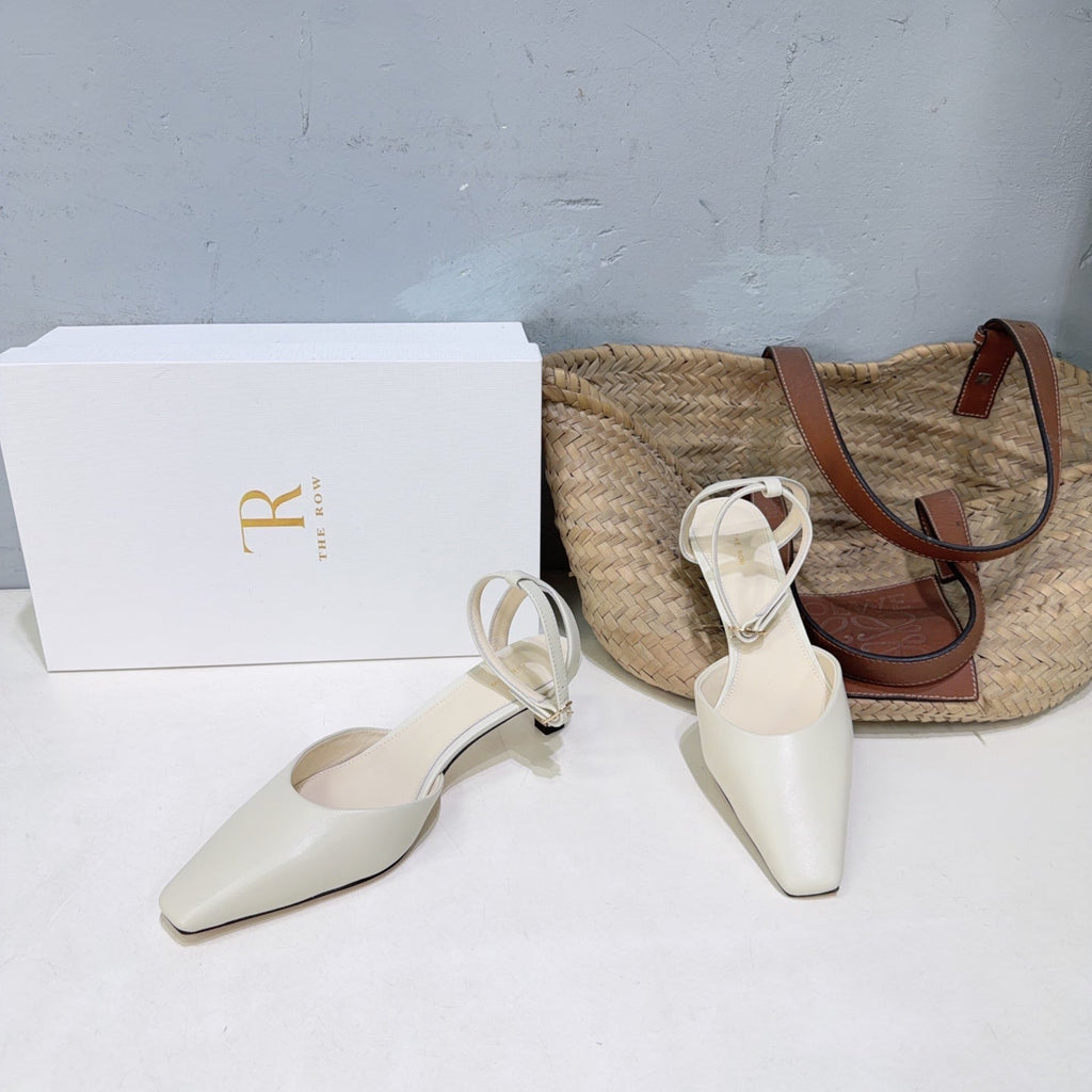 THE ROW 26S SQUARE TOE SLINGBACK HEELS 45MM IN IVORY WHITE CALFSKIN