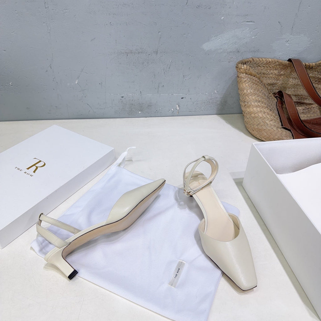 THE ROW 26S SQUARE TOE SLINGBACK HEELS 45MM IN IVORY WHITE CALFSKIN