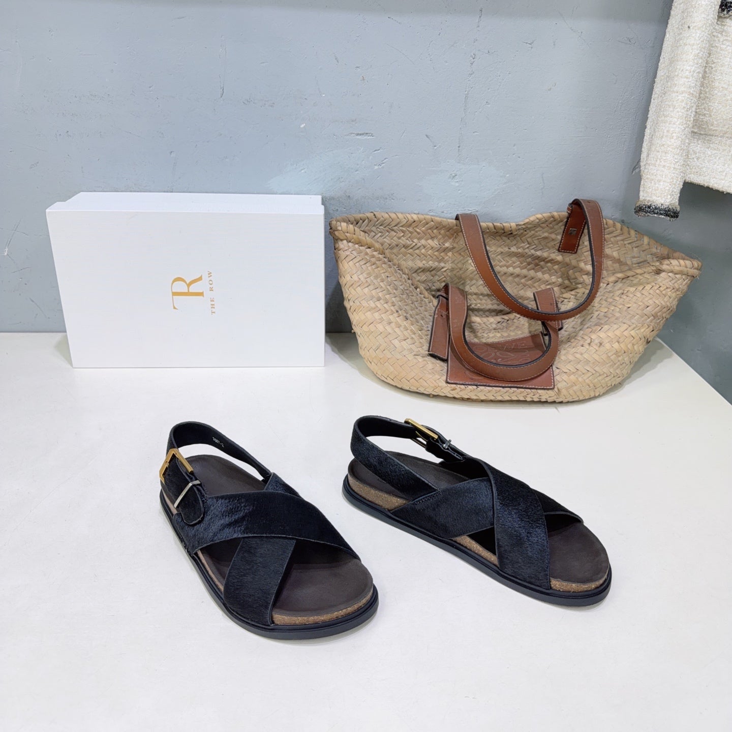 THE ROW 26S CROSS STRAP SANDALS IN BLACK CALFSKIN CALF HAIR