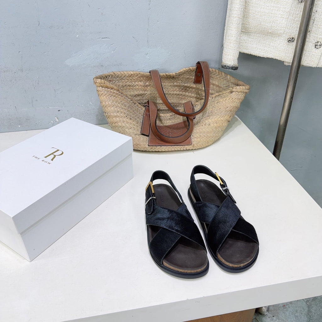 THE ROW 26S CROSS STRAP SANDALS IN BLACK CALFSKIN CALF HAIR