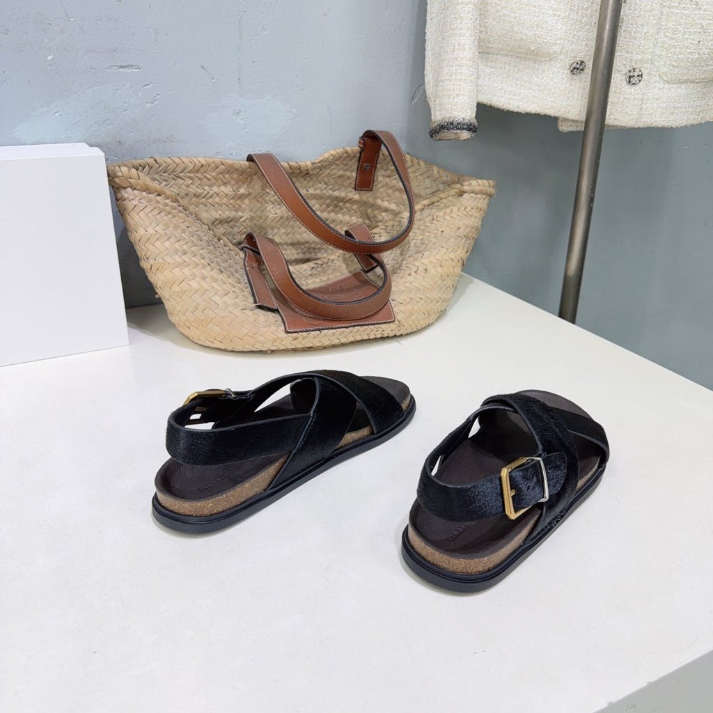 THE ROW 26S CROSS STRAP SANDALS IN BLACK CALFSKIN CALF HAIR