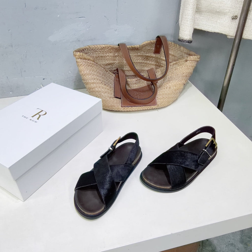 THE ROW 26S CROSS STRAP SANDALS IN BLACK CALFSKIN CALF HAIR