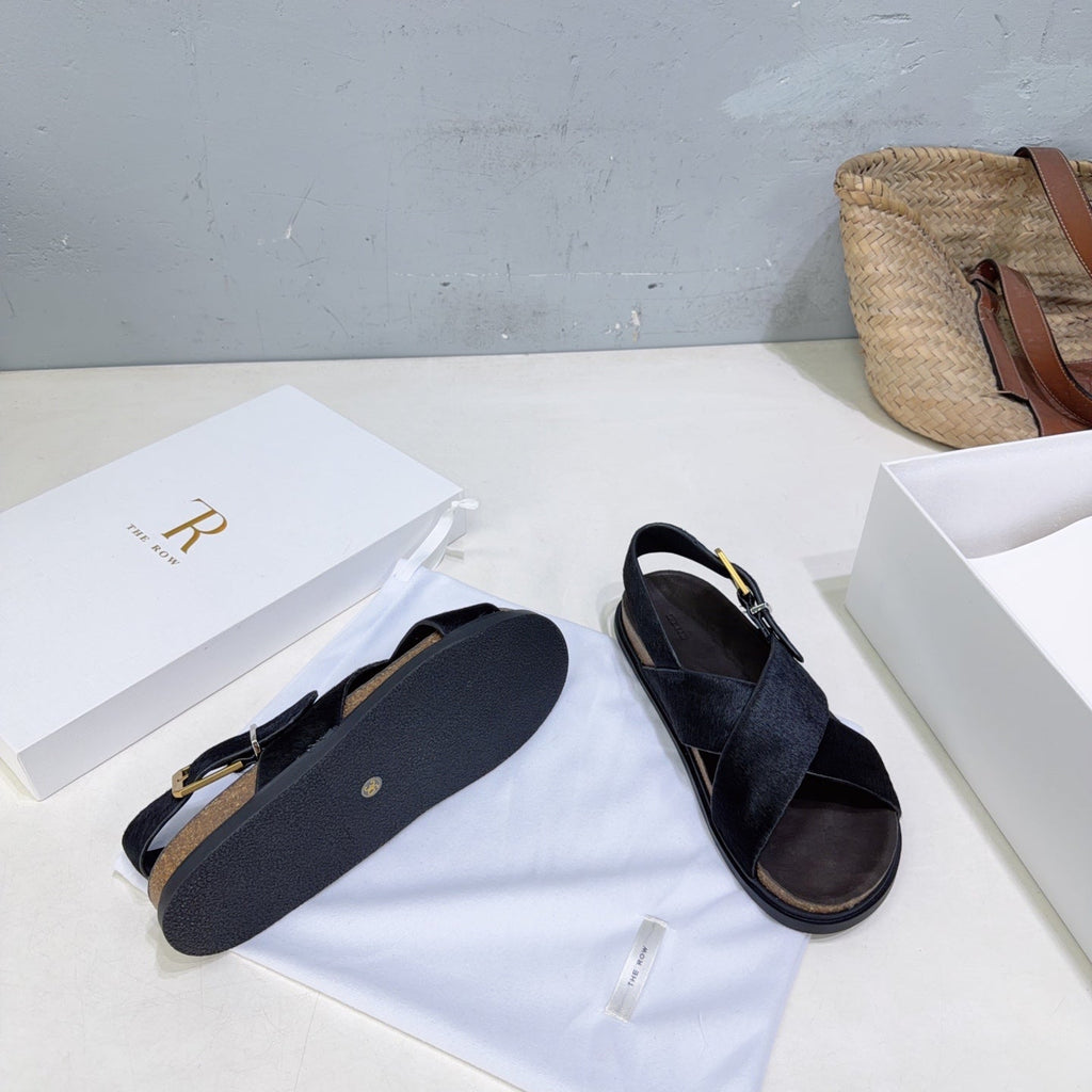 THE ROW 26S CROSS STRAP SANDALS IN BLACK CALFSKIN CALF HAIR