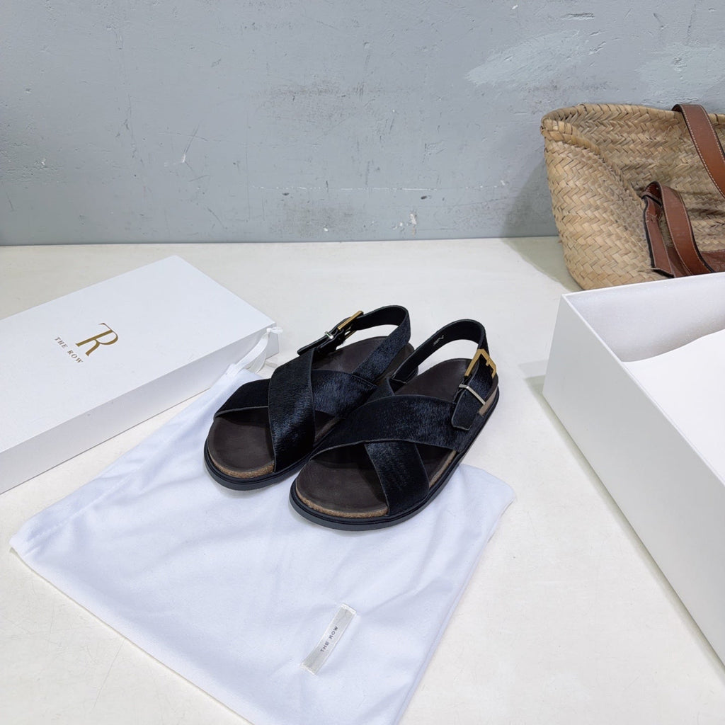 THE ROW 26S CROSS STRAP SANDALS IN BLACK CALFSKIN CALF HAIR