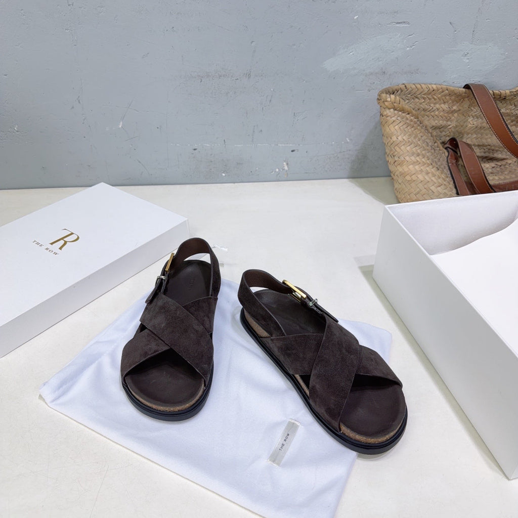 THE ROW 26S CROSS STRAP SANDALS IN DARK BROWN SUEDE