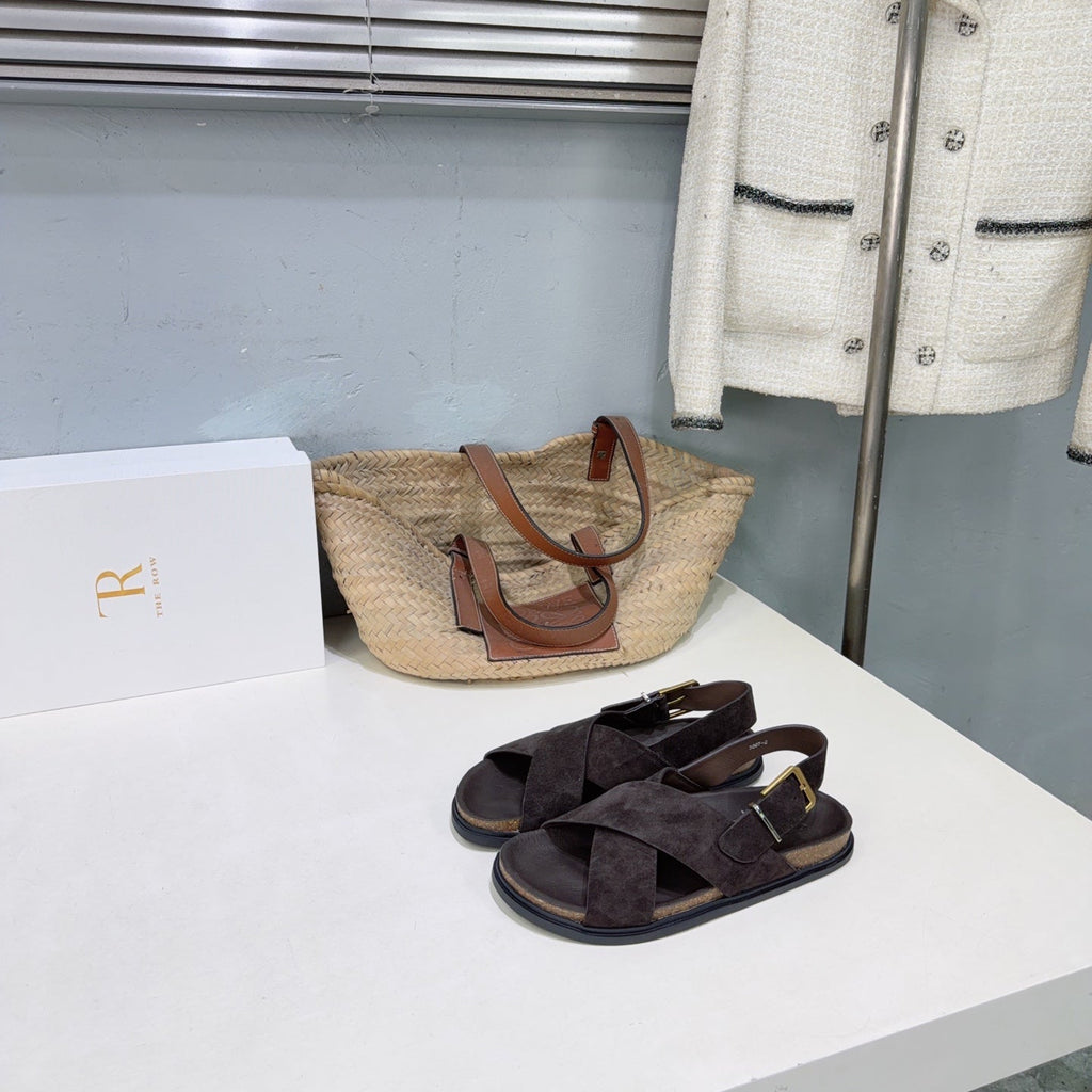 THE ROW 26S CROSS STRAP SANDALS IN DARK BROWN SUEDE