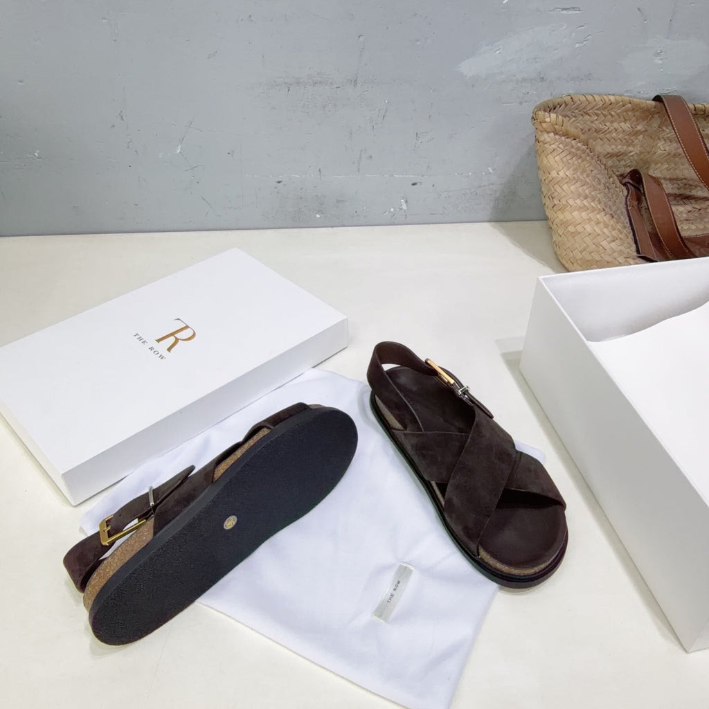 THE ROW 26S CROSS STRAP SANDALS IN DARK BROWN SUEDE