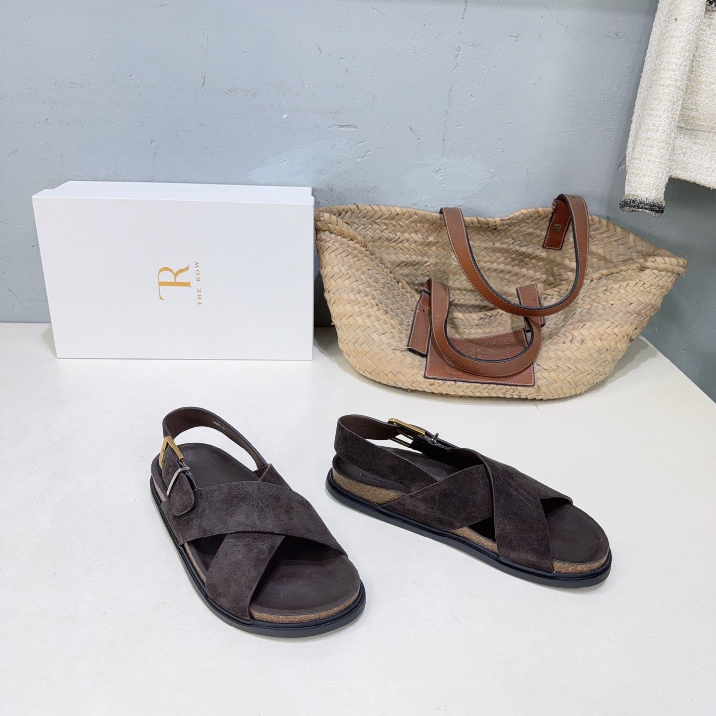 THE ROW 26S CROSS STRAP SANDALS IN DARK BROWN SUEDE