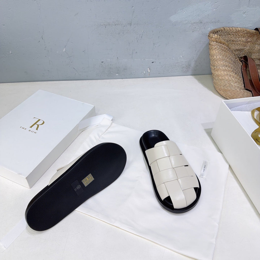THE ROW 26S CAGE SLIDES IN IVORY WHITE SMOOTH CALFSKIN WITH BLACK FOOTBED