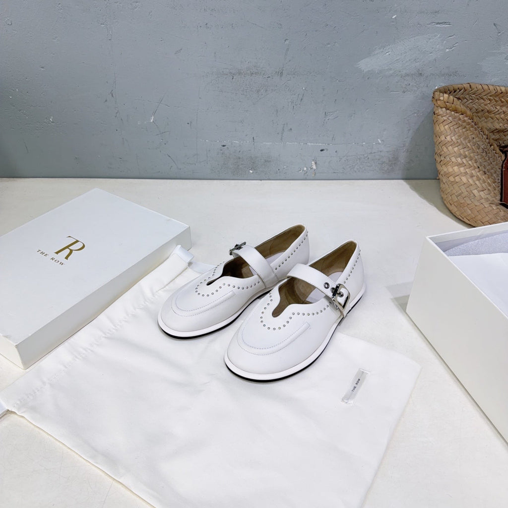 THE ROW 26S MARY JANE FLATS IN WHITE CALFSKIN SILVER HARDWARE