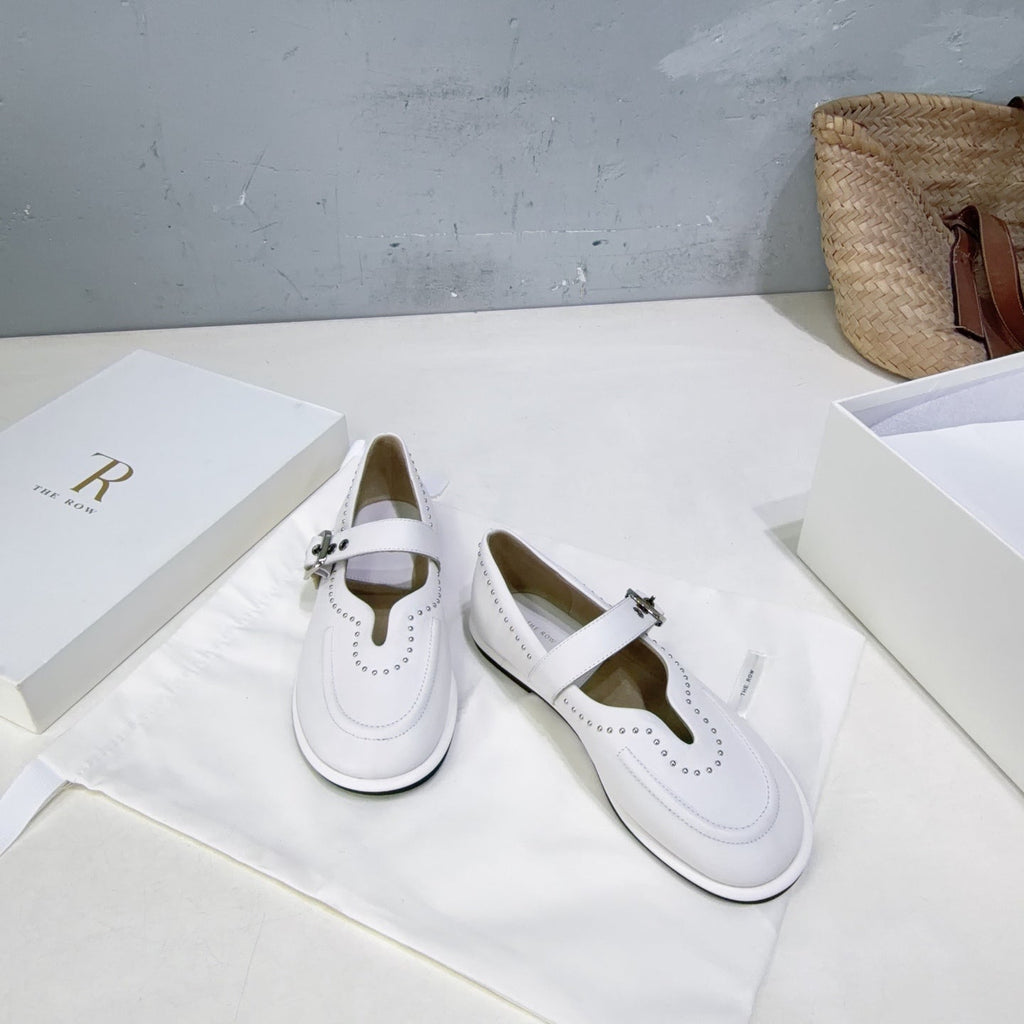THE ROW 26S MARY JANE FLATS IN WHITE CALFSKIN SILVER HARDWARE