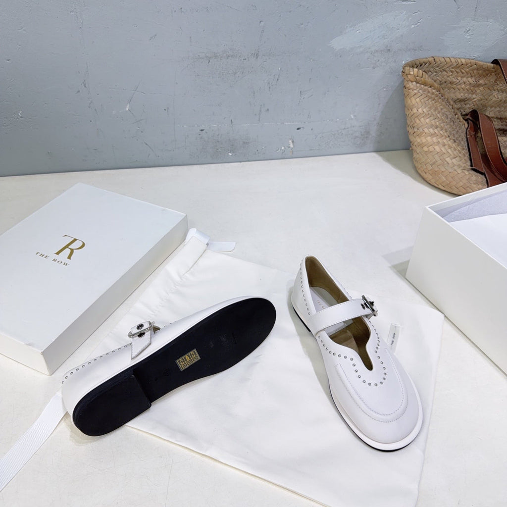 THE ROW 26S MARY JANE FLATS IN WHITE CALFSKIN SILVER HARDWARE