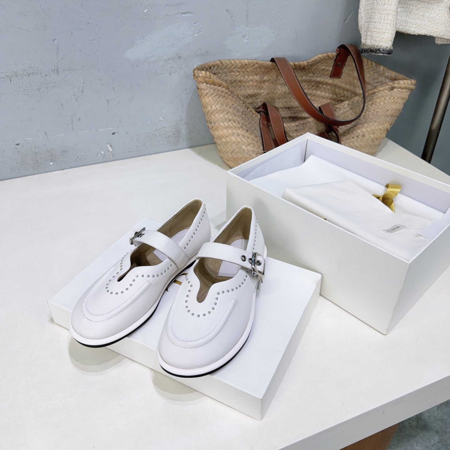 THE ROW 26S MARY JANE FLATS IN WHITE CALFSKIN SILVER HARDWARE