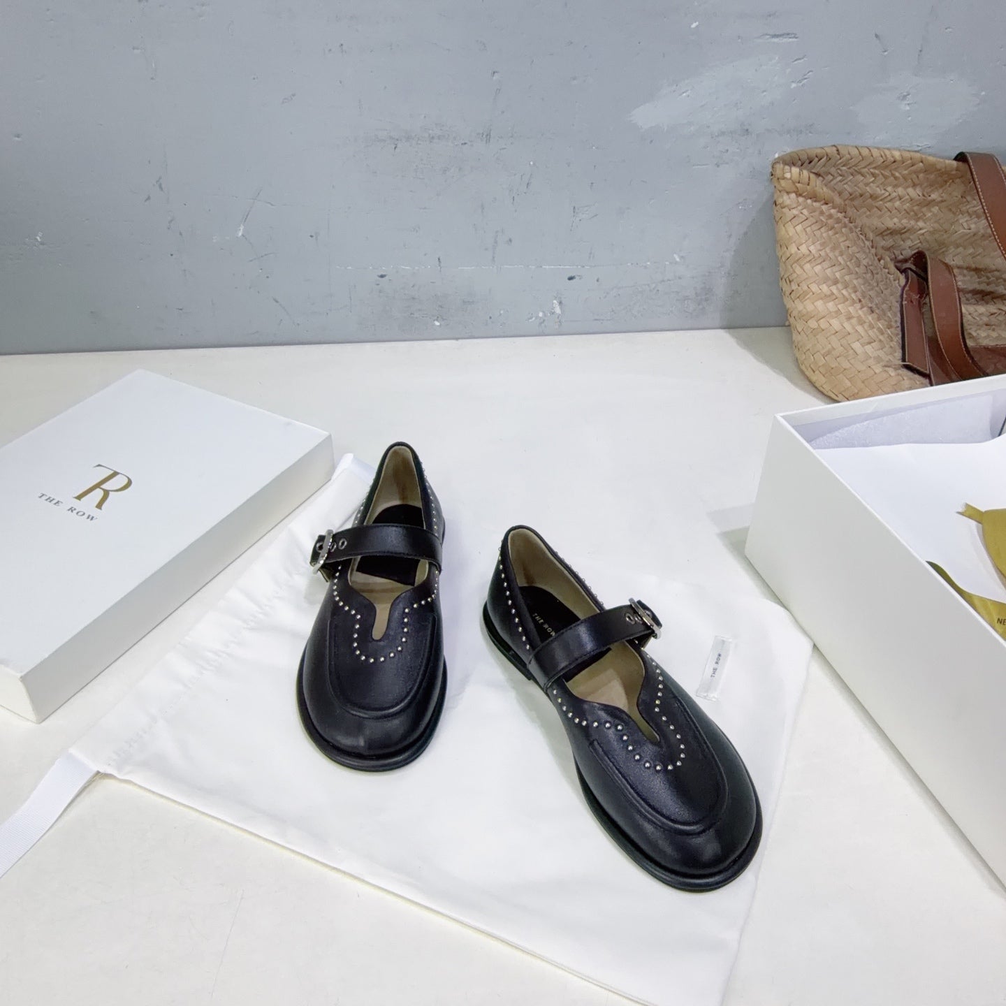 THE ROW 26S MARY JANE FLATS IN BLACK CALFSKIN SILVER HARDWARE