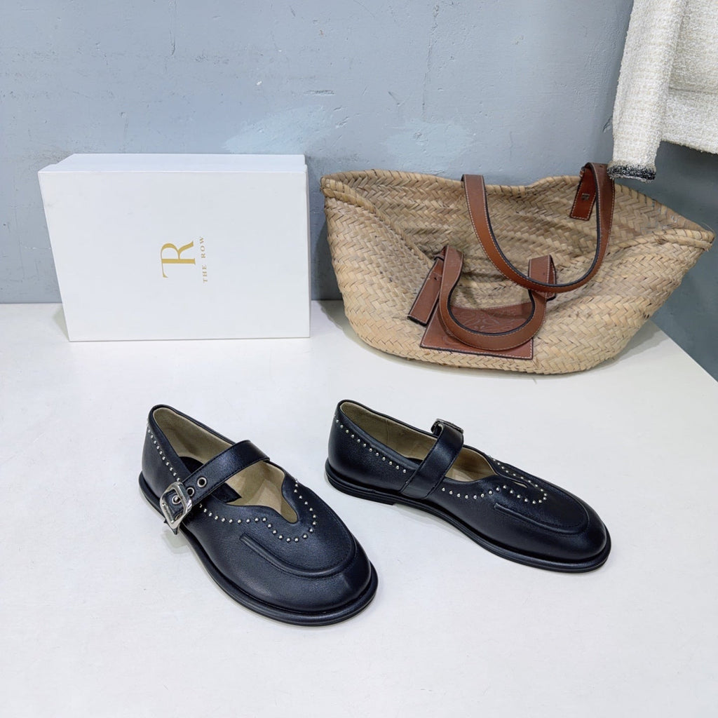 THE ROW 26S MARY JANE FLATS IN BLACK CALFSKIN SILVER HARDWARE