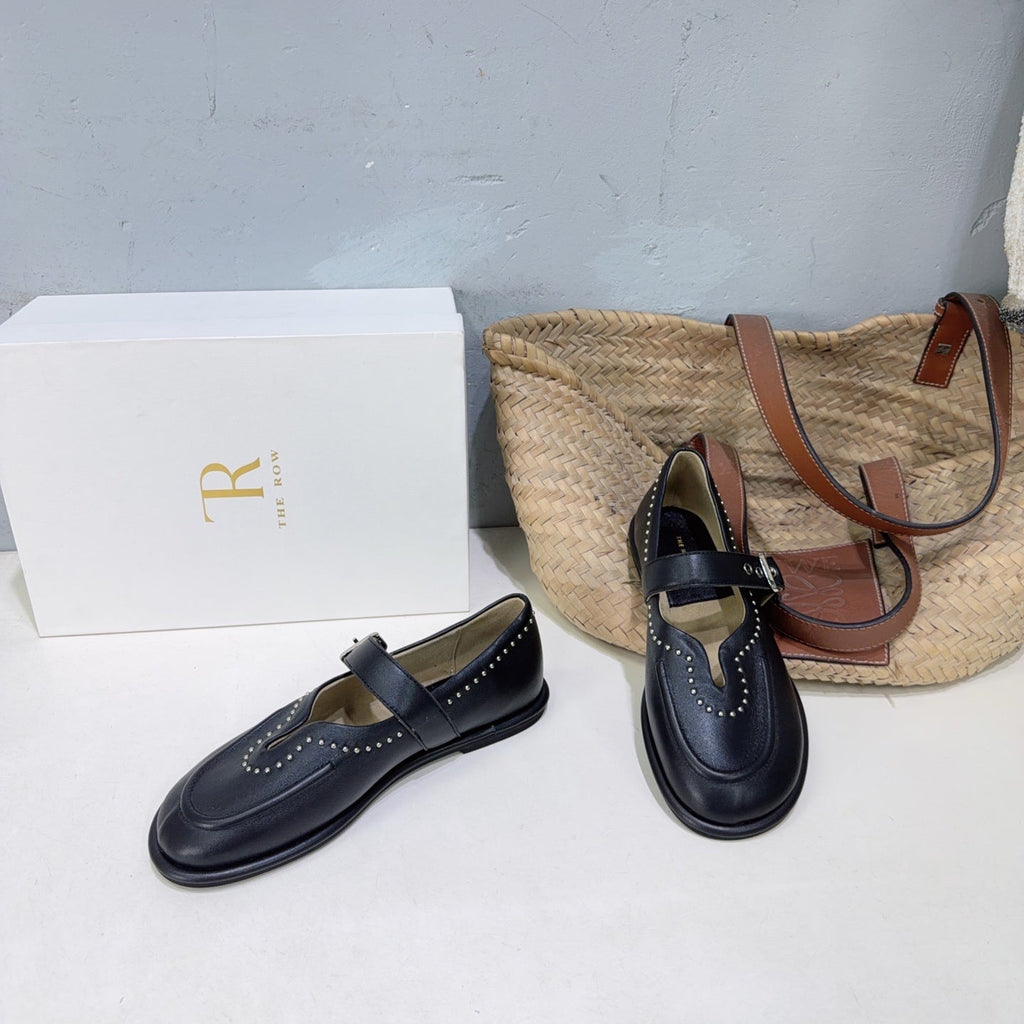 THE ROW 26S MARY JANE FLATS IN BLACK CALFSKIN SILVER HARDWARE