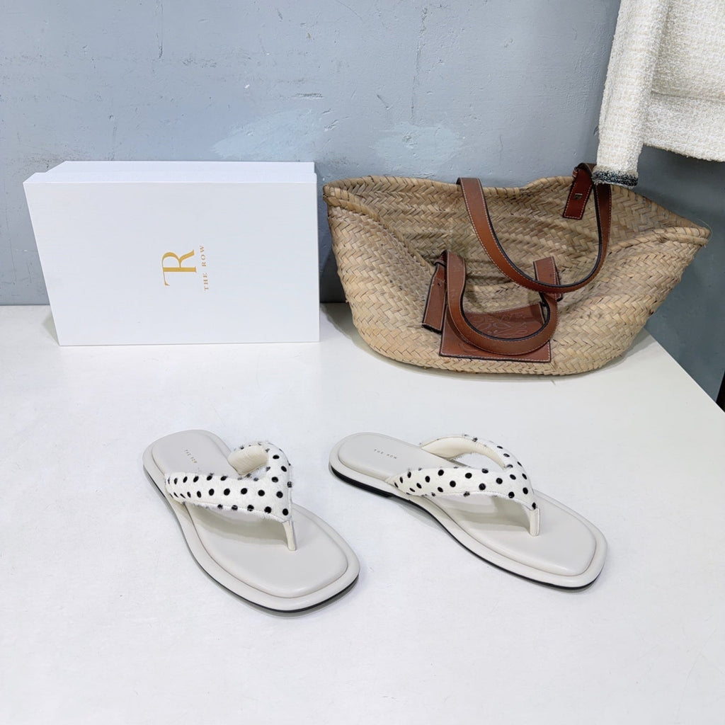THE ROW 26S THONG SANDALS IN IVORY WHITE CALFSKIN & POLKA DOT CALF HAIR STRAPS