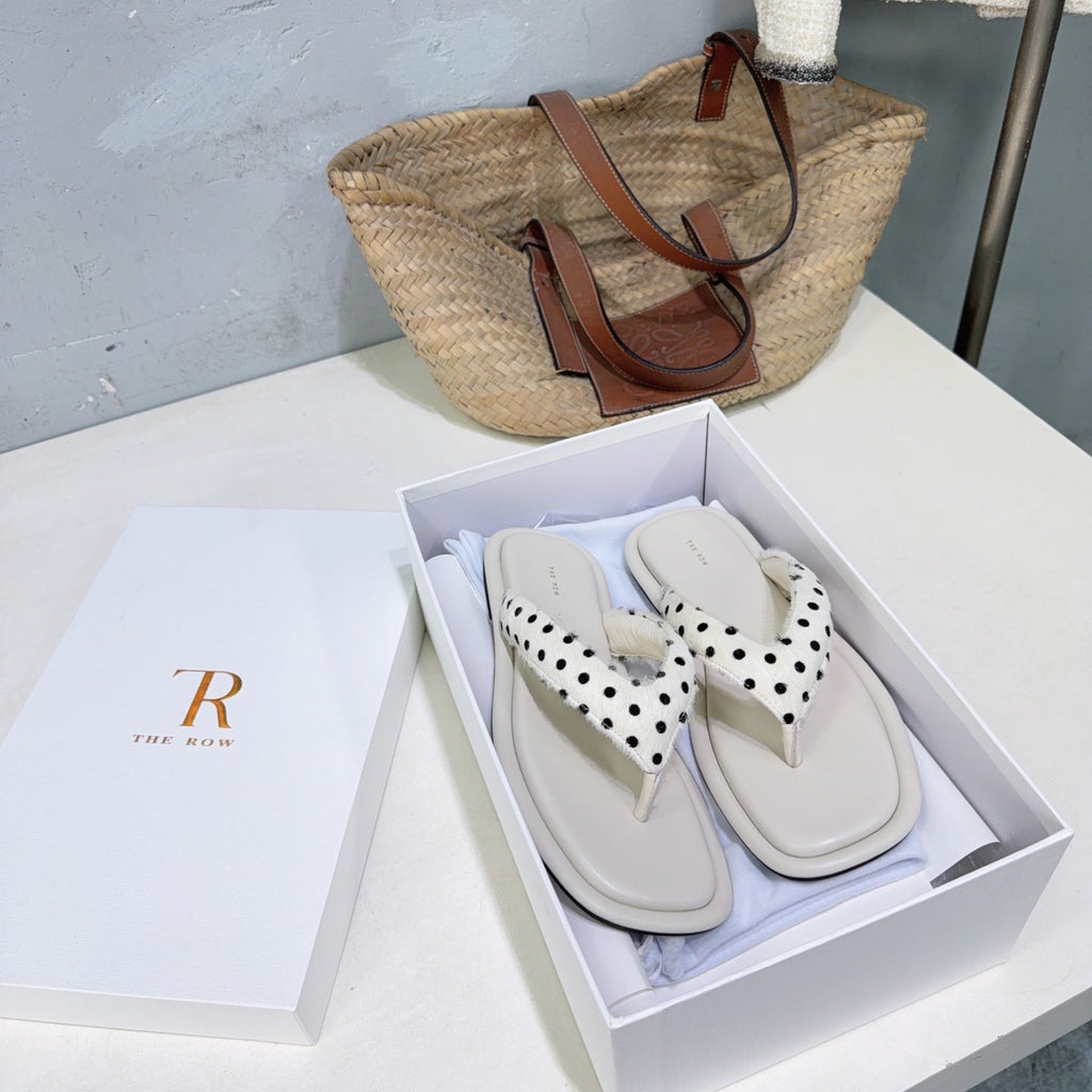 THE ROW 26S THONG SANDALS IN IVORY WHITE CALFSKIN & POLKA DOT CALF HAIR STRAPS