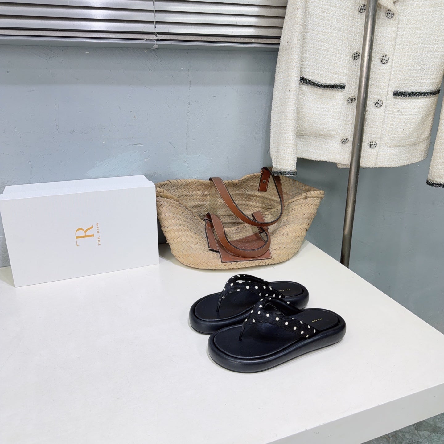 THE ROW 26S PLATFORM THONG SANDALS IN BLACK CALFSKIN & POLKA DOT CALF HAIR STRAPS
