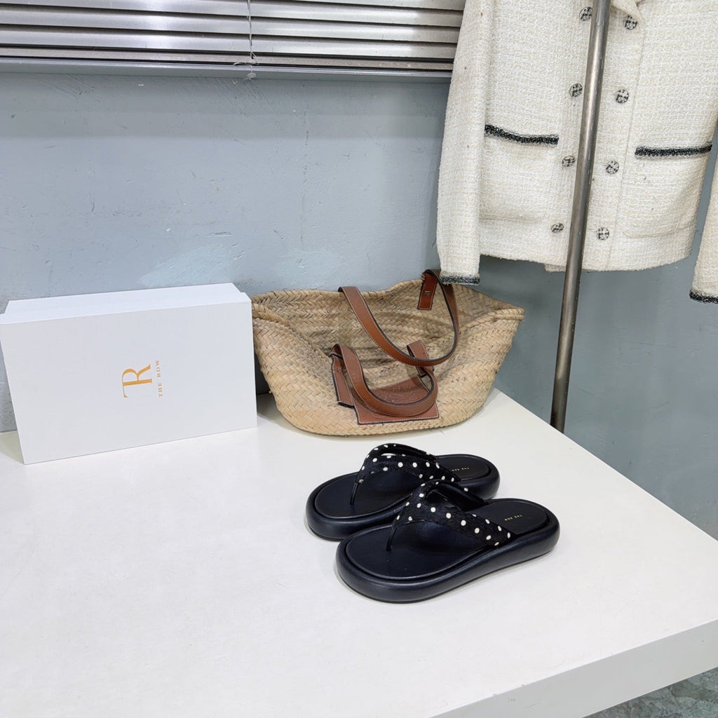 THE ROW 26S THONG SANDALS IN BLACK CALFSKIN & POLKA DOT CALF HAIR STRAPS