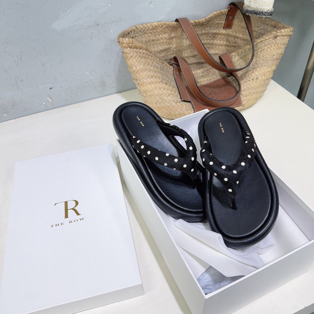 THE ROW 26S THONG SANDALS IN BLACK CALFSKIN & POLKA DOT CALF HAIR STRAPS