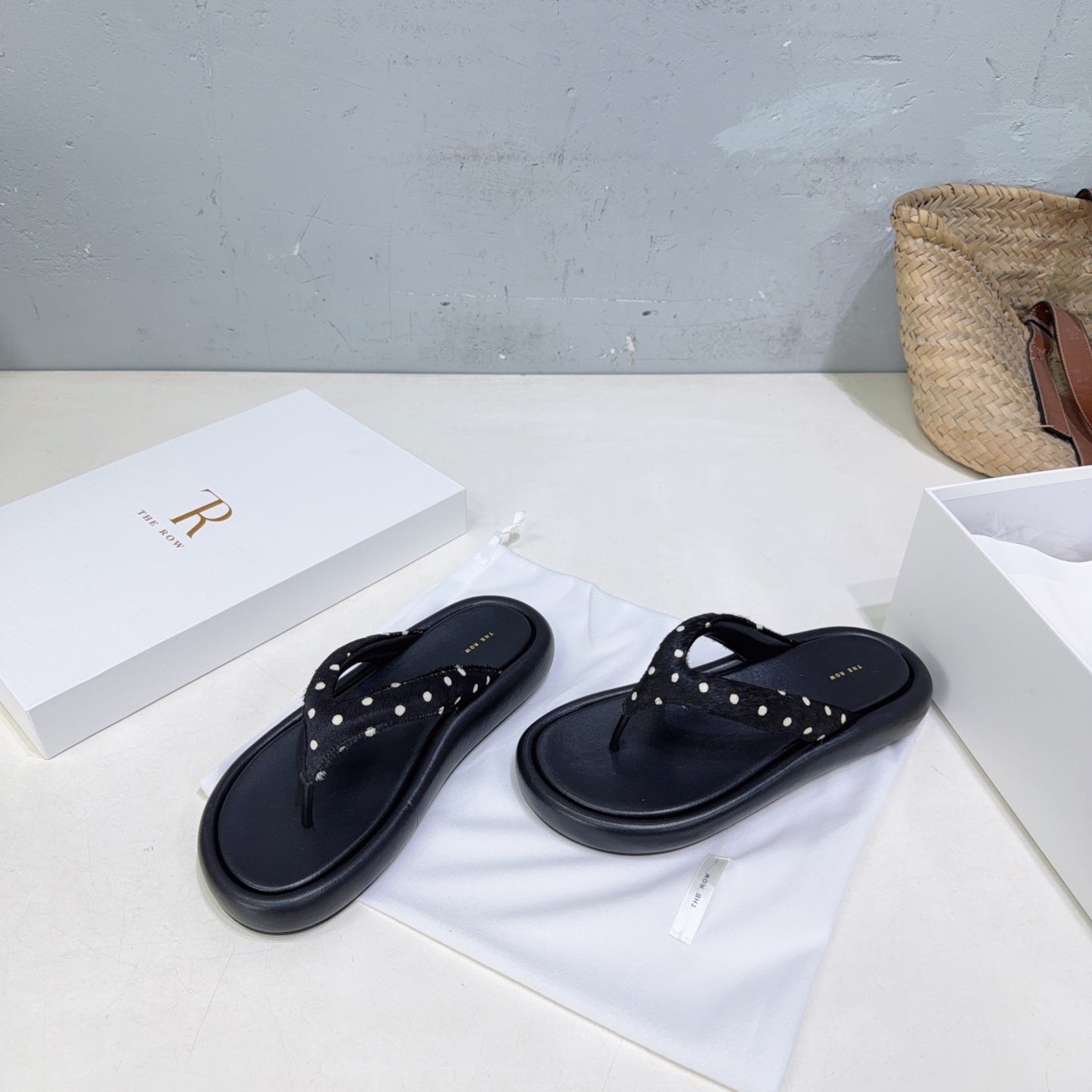 THE ROW 26S PLATFORM THONG SANDALS IN BLACK CALFSKIN & POLKA DOT CALF HAIR STRAPS