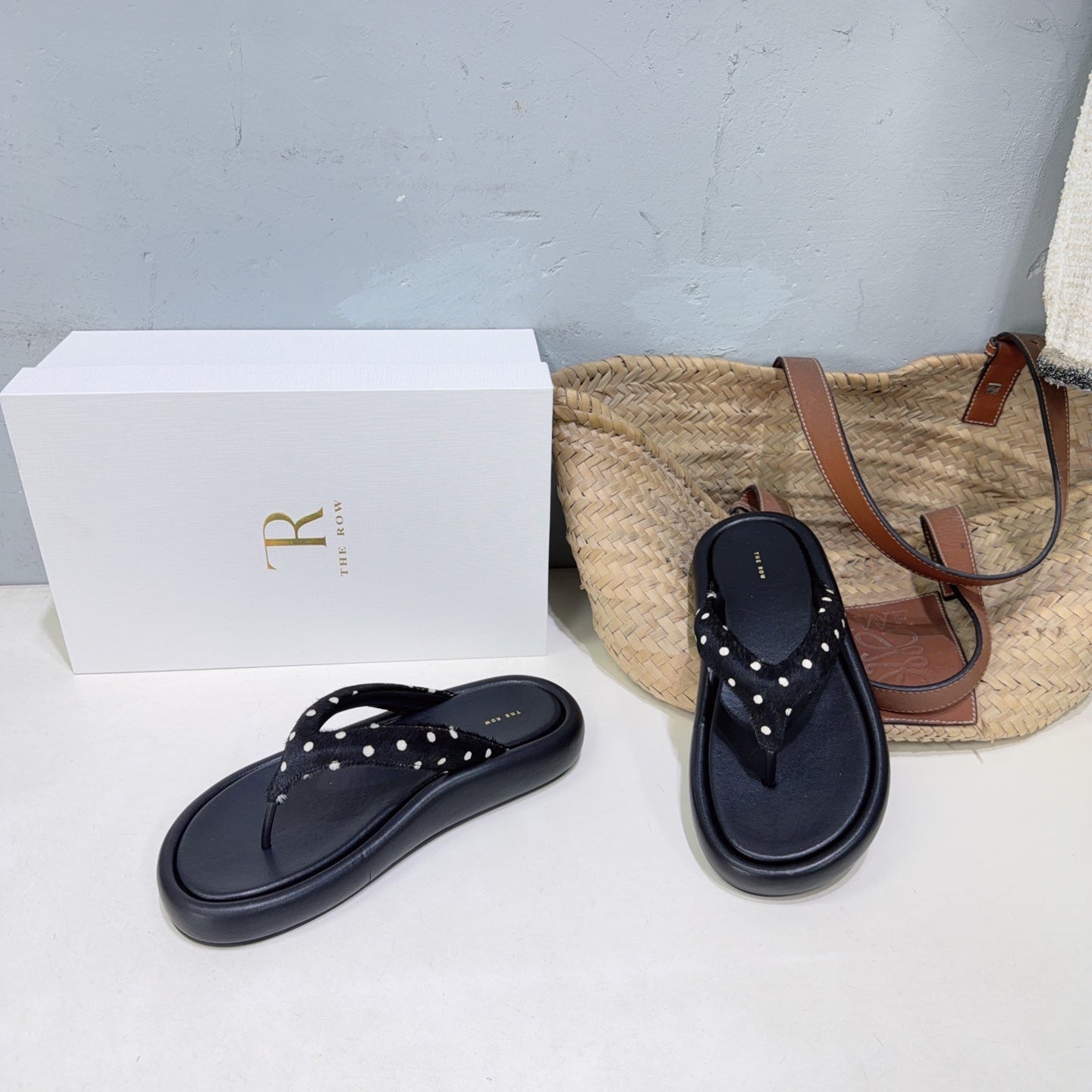 THE ROW 26S PLATFORM THONG SANDALS IN BLACK CALFSKIN & POLKA DOT CALF HAIR STRAPS