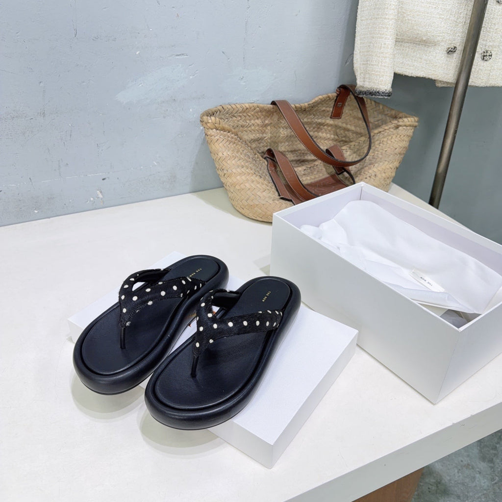 THE ROW 26S THONG SANDALS IN BLACK CALFSKIN & POLKA DOT CALF HAIR STRAPS