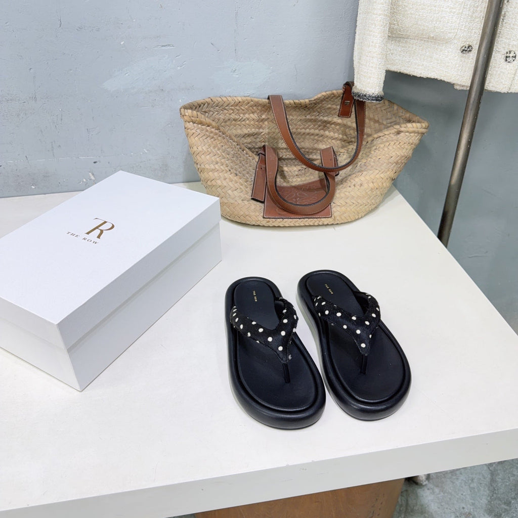 THE ROW 26S PLATFORM THONG SANDALS IN BLACK CALFSKIN & POLKA DOT CALF HAIR STRAPS