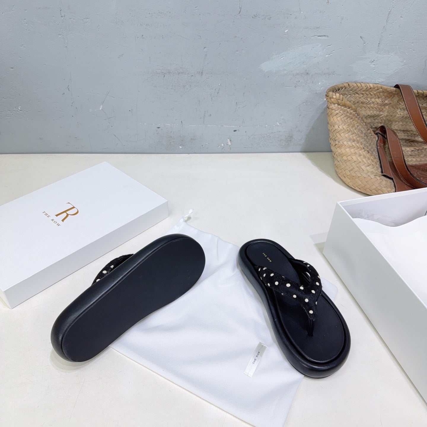 THE ROW 26S PLATFORM THONG SANDALS IN BLACK CALFSKIN & POLKA DOT CALF HAIR STRAPS