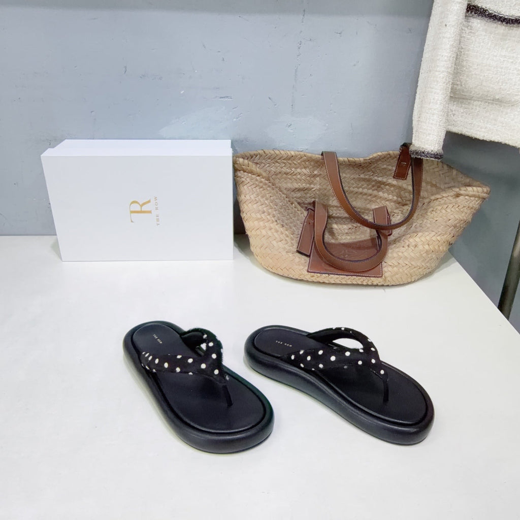 THE ROW 26S PLATFORM THONG SANDALS IN BLACK CALFSKIN & POLKA DOT CALF HAIR STRAPS