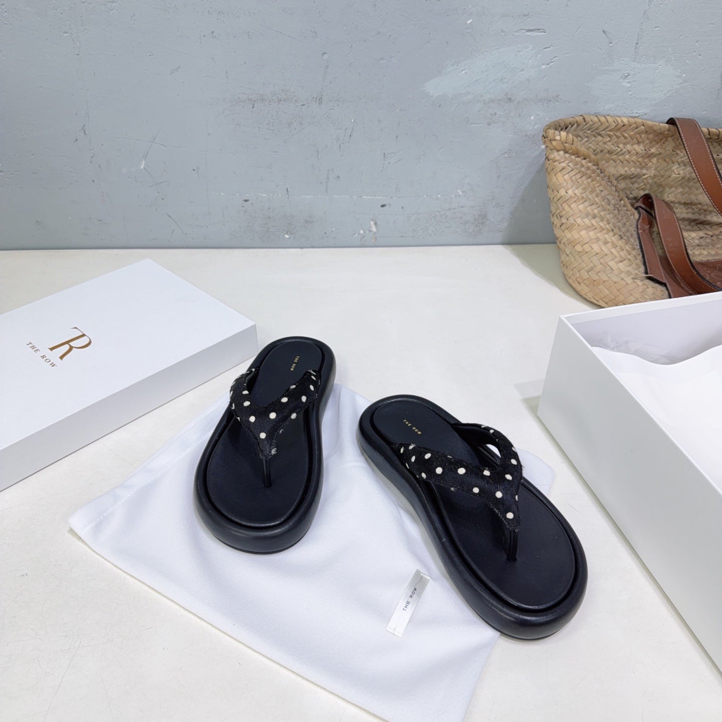 THE ROW 26S THONG SANDALS IN BLACK CALFSKIN & POLKA DOT CALF HAIR STRAPS