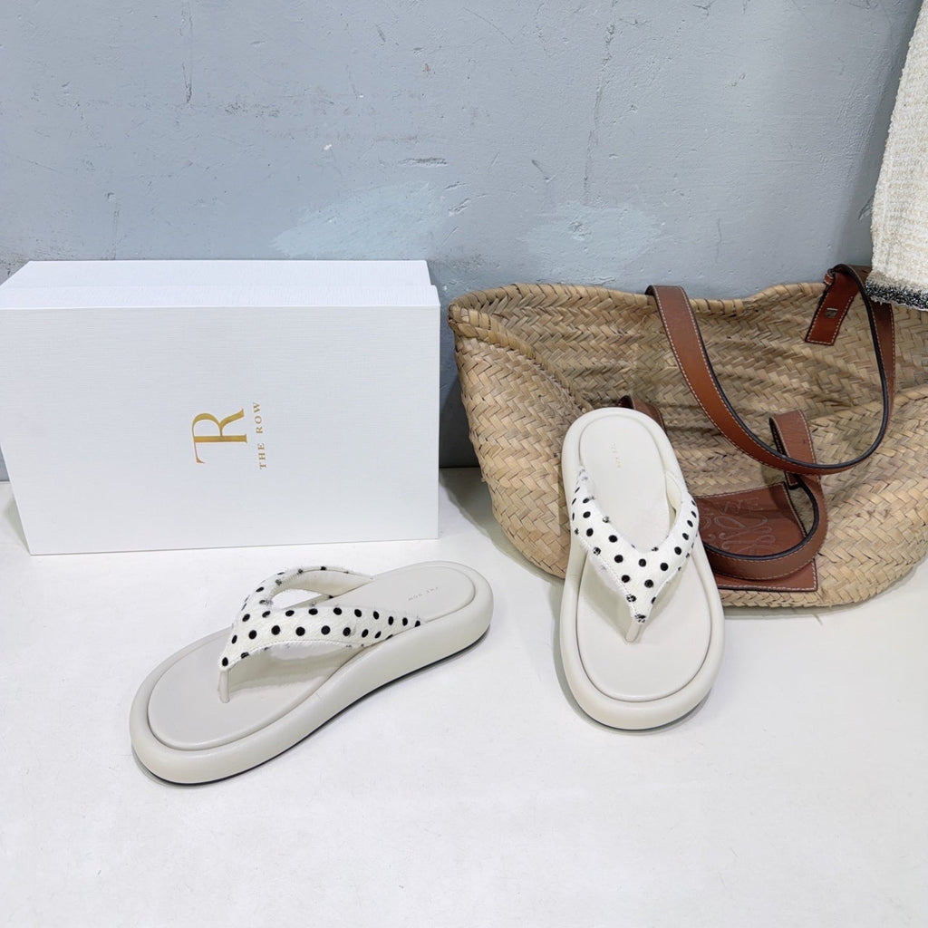 THE ROW 26S PLATFORM THONG SANDALS IN IVORY WHITE CALFSKIN & POLKA DOT CALF HAIR STRAPS