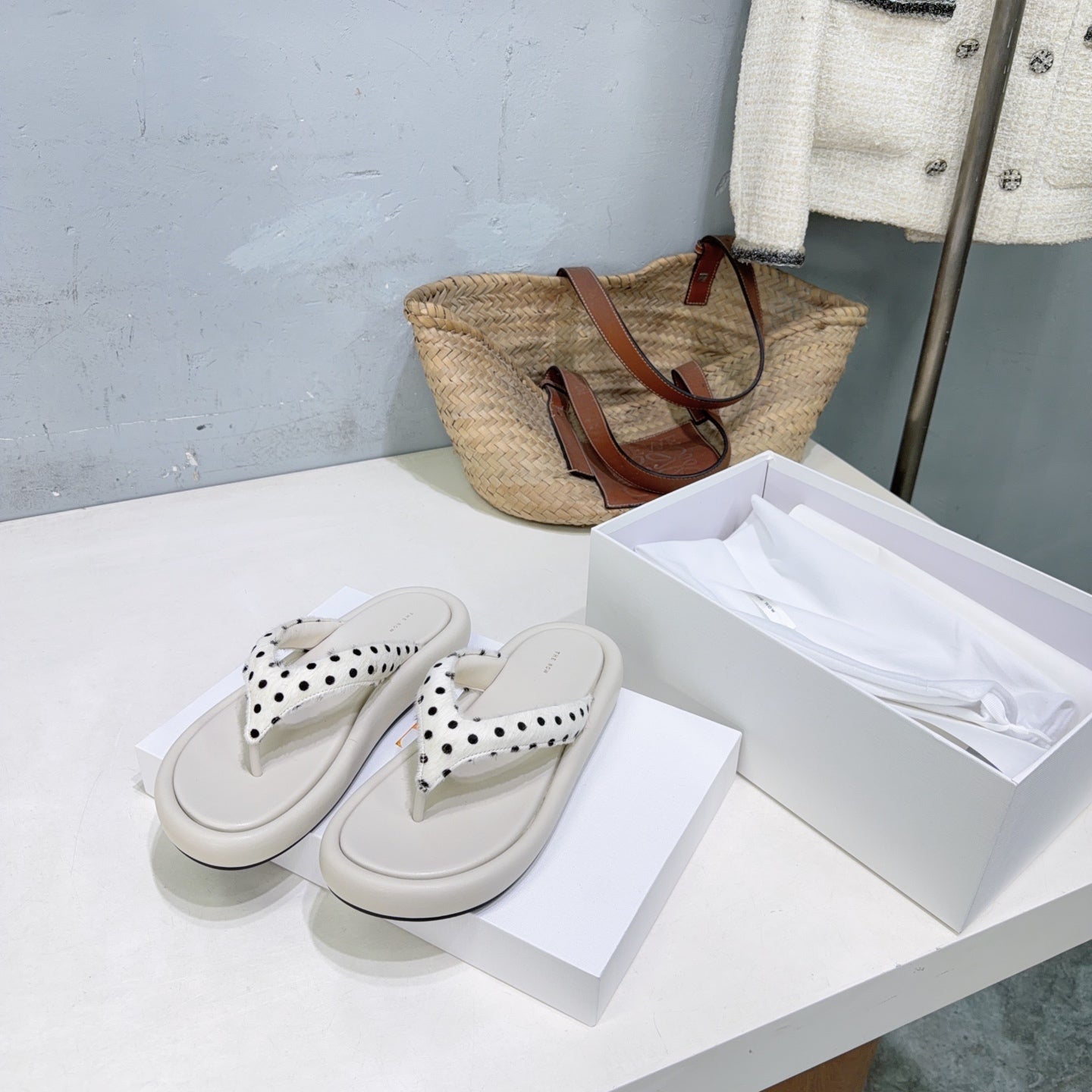 THE ROW 26S PLATFORM THONG SANDALS IN IVORY WHITE CALFSKIN & POLKA DOT CALF HAIR STRAPS