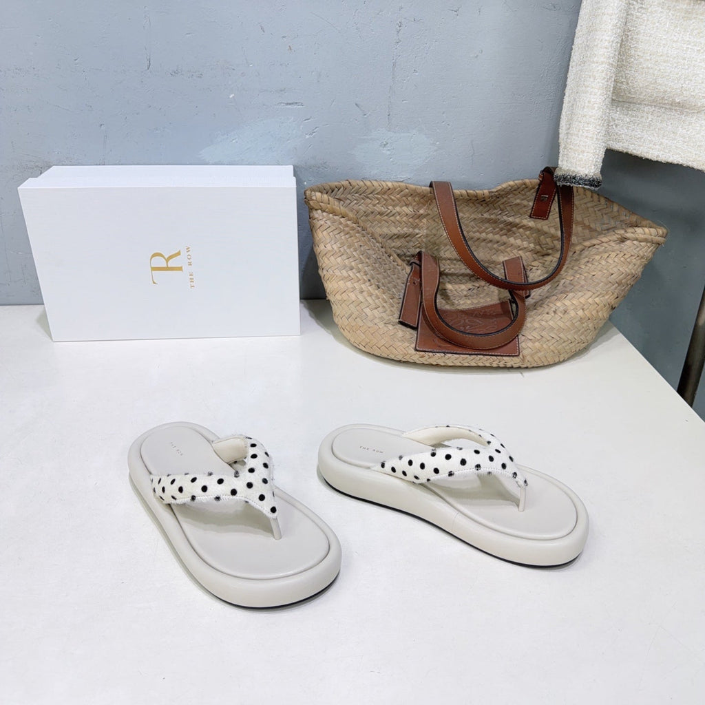 THE ROW 26S PLATFORM THONG SANDALS IN IVORY WHITE CALFSKIN & POLKA DOT CALF HAIR STRAPS