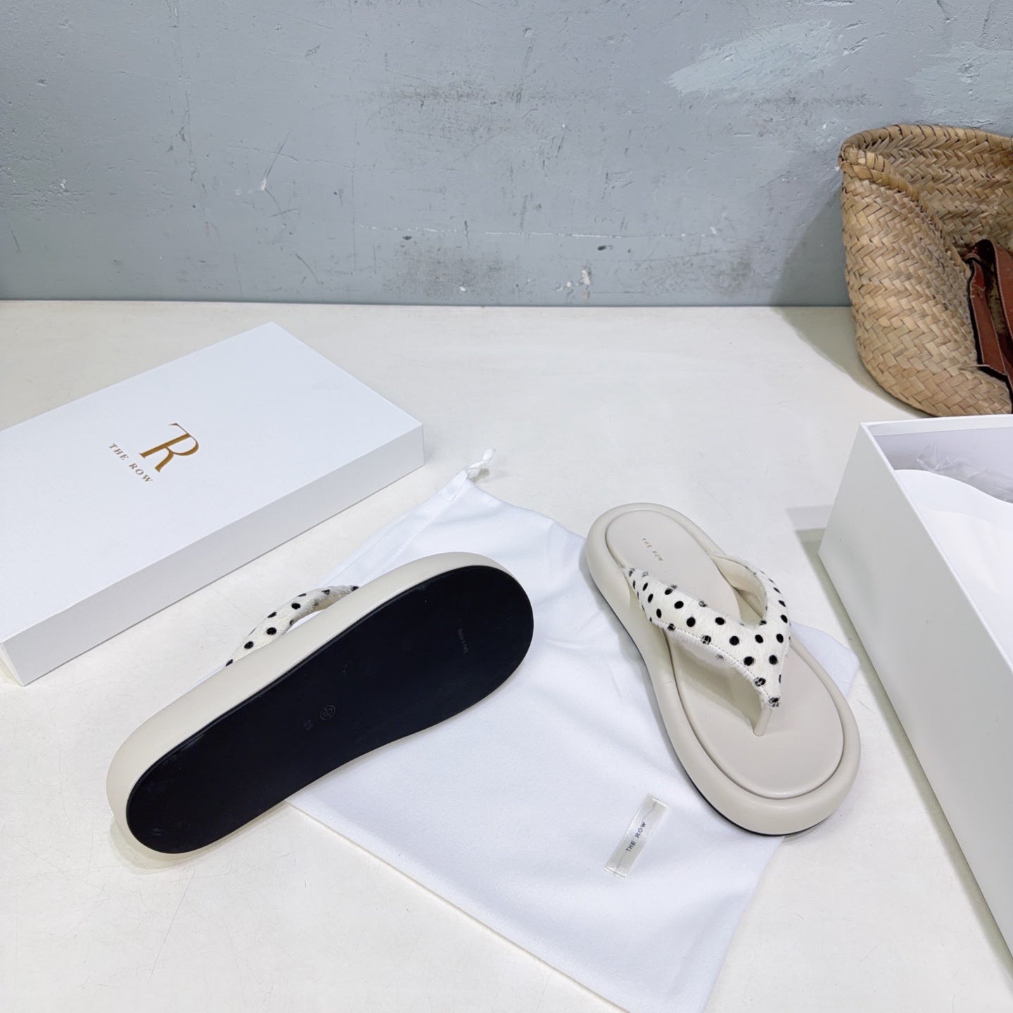 THE ROW 26S PLATFORM THONG SANDALS IN IVORY WHITE CALFSKIN & POLKA DOT CALF HAIR STRAPS