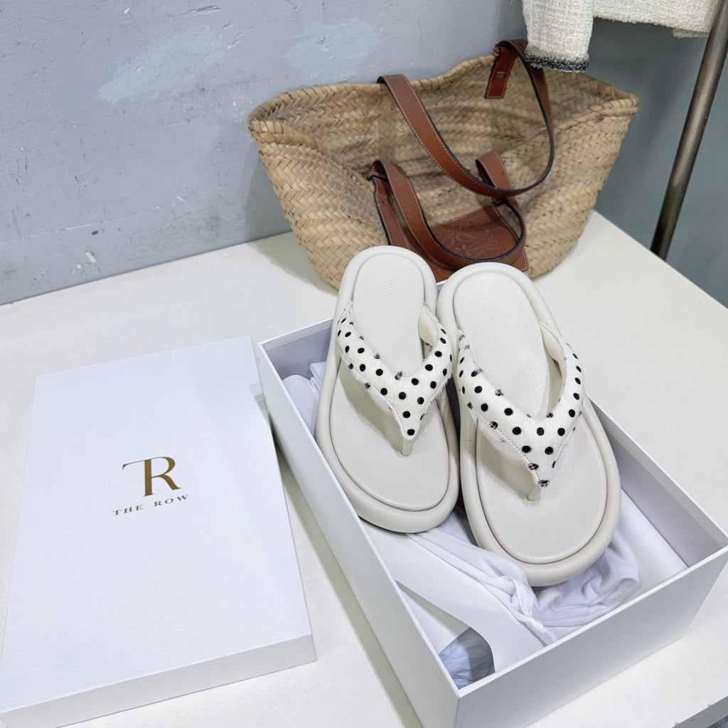 THE ROW 26S PLATFORM THONG SANDALS IN IVORY WHITE CALFSKIN & POLKA DOT CALF HAIR STRAPS