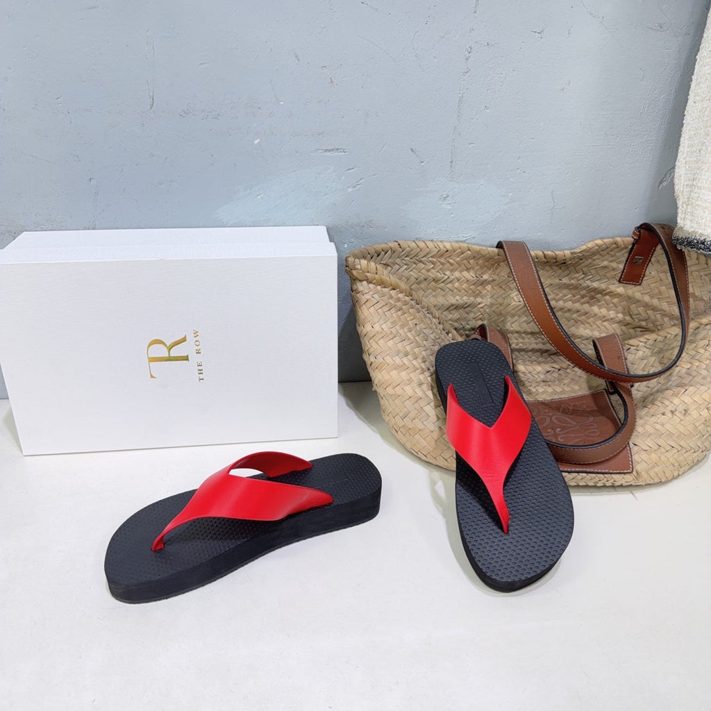 THE ROW 26S THONG SANDALS IN BLACK RUBBER  WITH RED STRAPS CALFSKIN