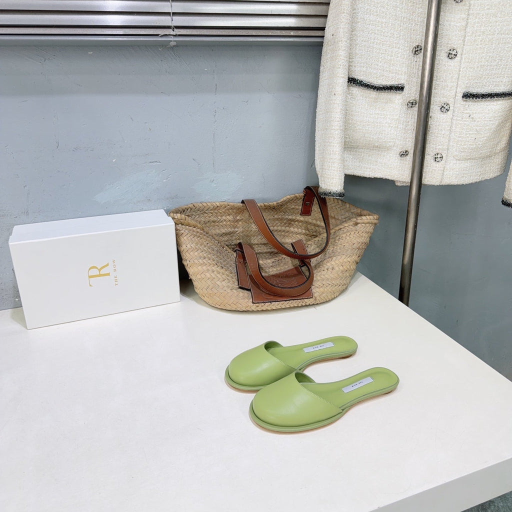 THE ROW 26S ROUND TOE MULE FLATS IN SAGE GREEN SMOOTH CALFSKIN